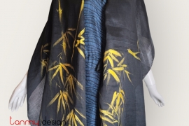 Black ramie scarf hand-painted with bamboo and crane